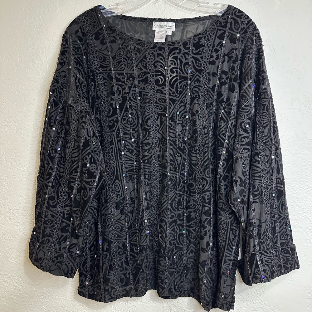 Coldwater Creek Vintage Velvet Burnout Kimono Top Black Sequin Details Size L